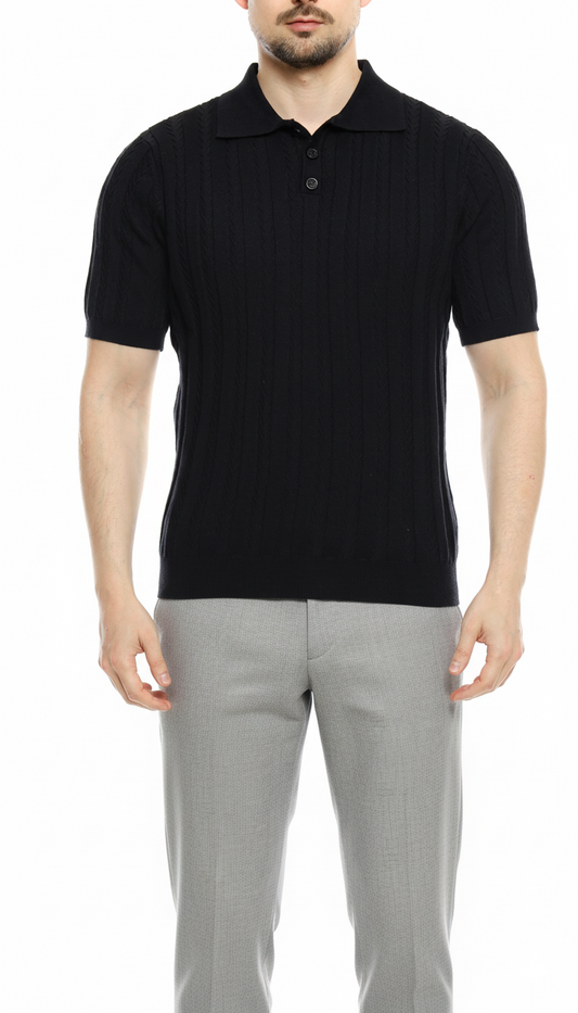 Man wearing a black polo shirt and gray pants on a white background